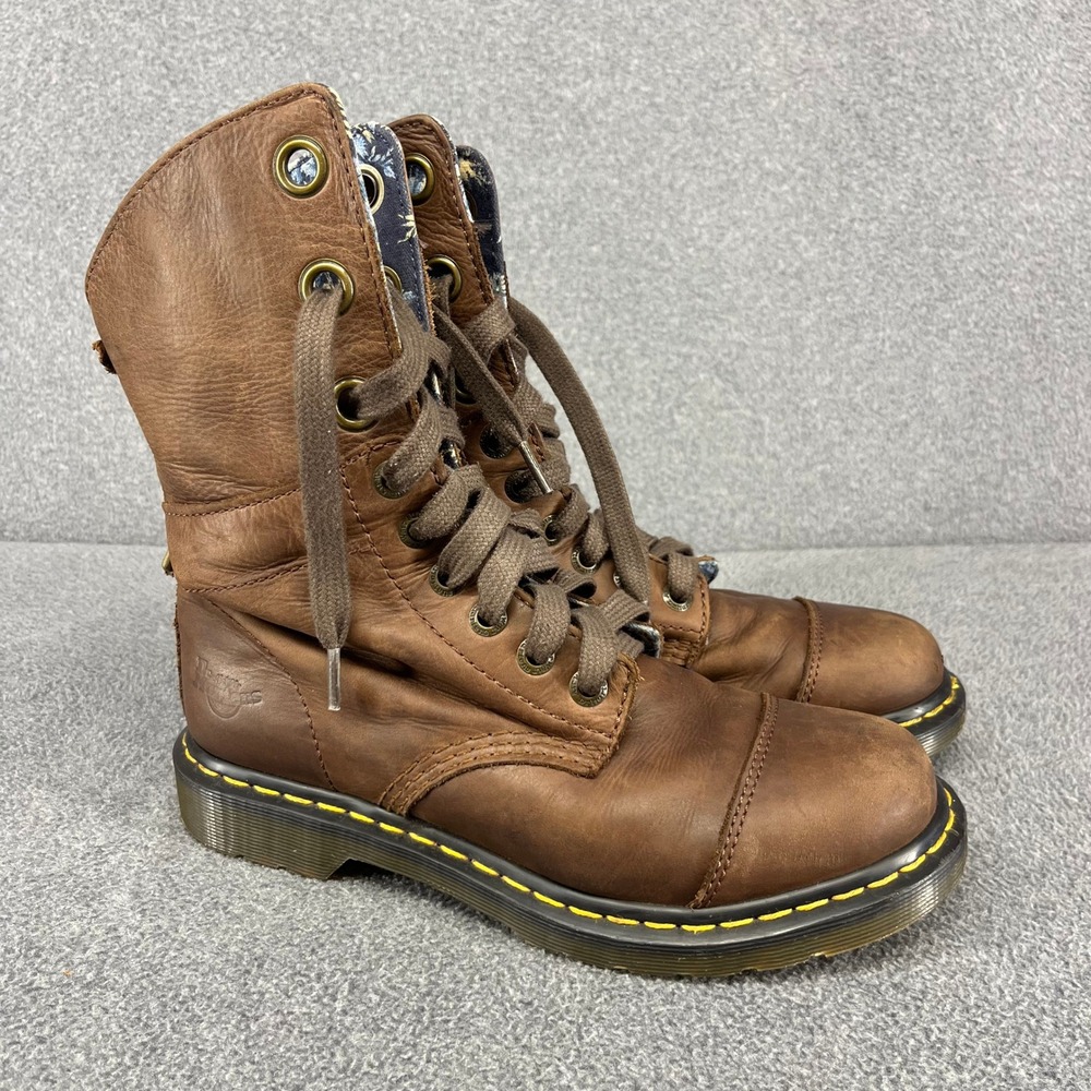Dr. Martens Triumph 1914 Boots Womens 6 Brown Leather Floral Fold Down Combat